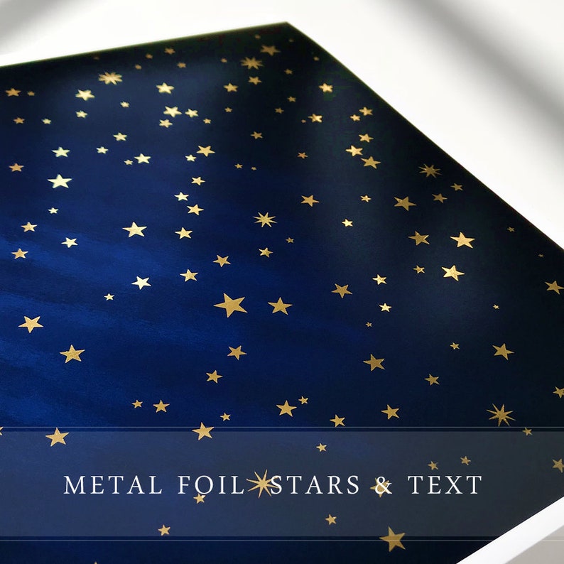 May include: A dark blue background with gold foil stars of various sizes. The text "METAL FOIL STARS & TEXT" is at the bottom of the image.