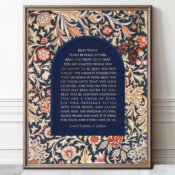 St Therese of Lisieux Quote Print – May Today There Be Peace Within Prayer, Catholic Wall Art, Framed Gold Foil Art