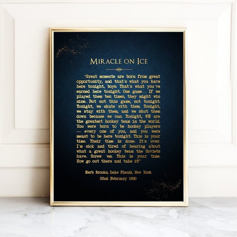 Miracle On Ice Speech - Gold Print on Paper - Herb Brooks Speech, 1980 Miracle Hockey Poster, Russia USA Olympic Hockey Team Manager Gifts image 1