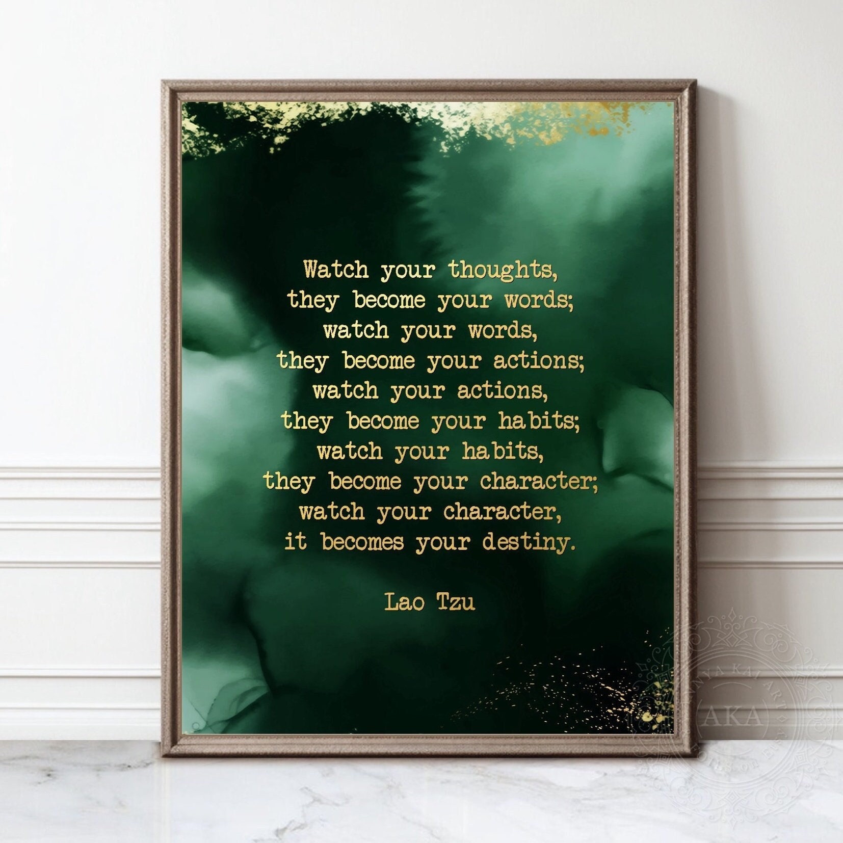 Lao Tzu Quote Gold Foil Print: Inspiring Mindfulness Art, Green Watercolor