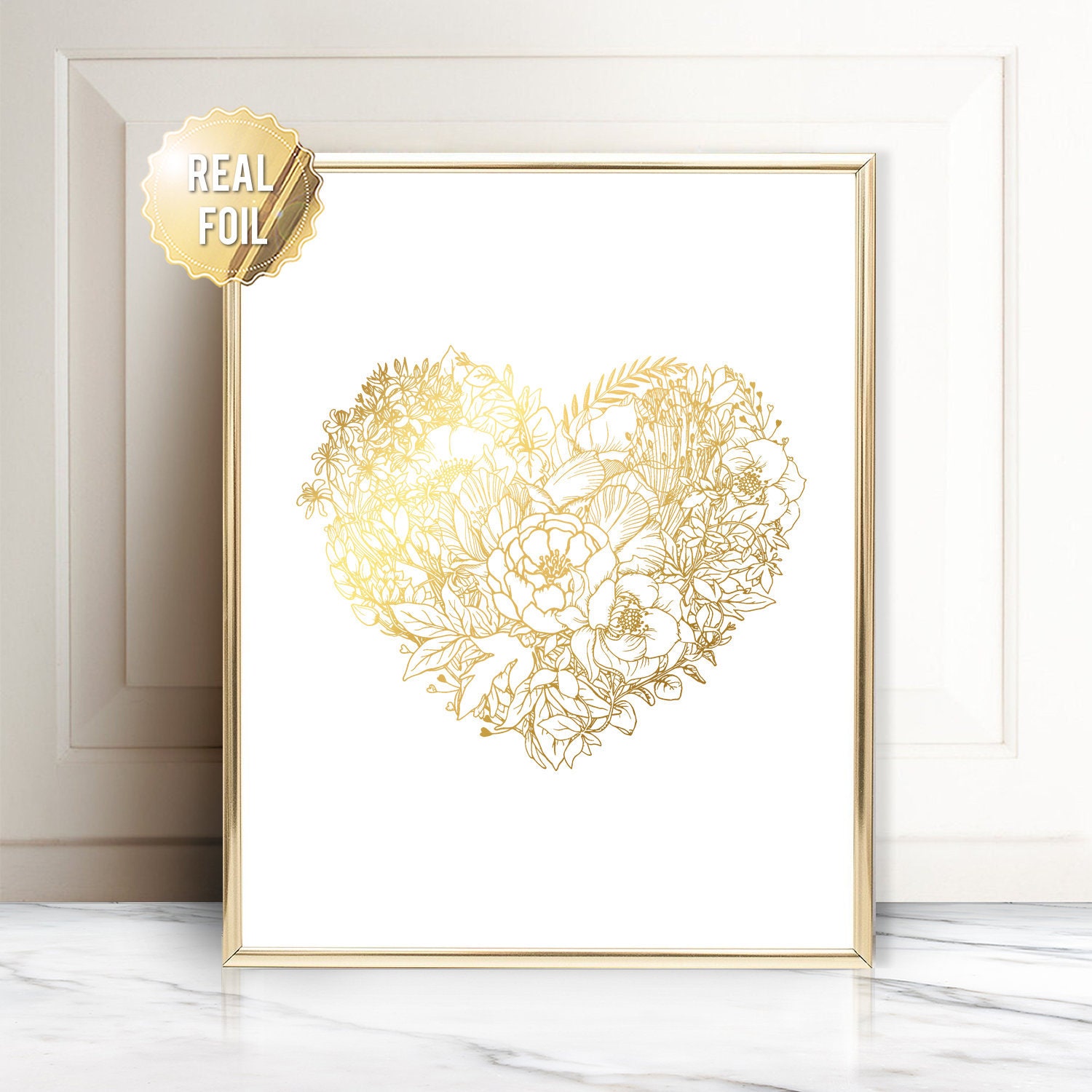 Gold Foil Floral Heart Print: Botanical Gallery Wall Art