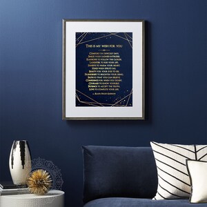 May include: A framed print with a navy blue background and gold text. The text reads "This is my wish for you" and includes a list of wishes such as "comfort on difficult days", "smiles when sadness intrudes", and "love to complete your life". The quote is attributed to Ralph Waldo Emerson.