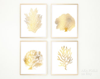 Gold Foil Coral Reef Art Prints: Nautical Wall Decor Set of 4