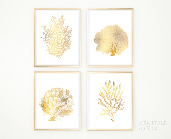 Gold Foil Coral Reef Art Prints: Nautical Wall Decor Set of 4