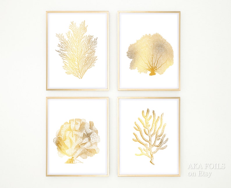 May include: Set of four gold foil prints featuring different types of coral. The prints are framed in gold and have a white background.