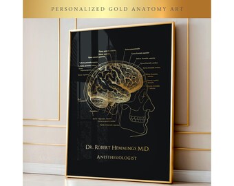 Cadeau personnalisé pour anesthésiste : impression dorée de l'anatomie du cerveau - Cadeau pour professionnel de la santé