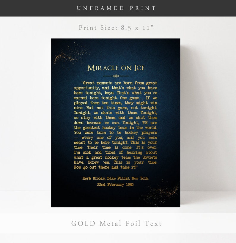 Miracle On Ice Speech - Gold Print on Paper - Herb Brooks Speech, 1980 Miracle Hockey Poster, Russia USA Olympic Hockey Team Manager Gifts Unframed Print
