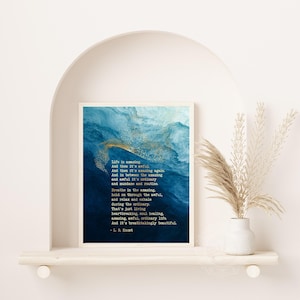 May include: A rectangular wall art print featuring a deep blue and white abstract watercolor background with gold flecks. The text reads: Life is amazing, And then it's awful, And then it's amazing again. And in between the amazing and awful it's ordinary and mundane and routine. Breathe in the amazing, hold on through the awful, and relax and exhale during the ordinary. That's just living heartbreaking, soul healing, amazing, awful, ordinary life. And it's breathtakingly beautiful. - L. R. Knost