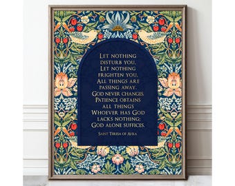 St Teresa of Avila Gold Print: Let Nothing Disturb You, God Alone Suffices – William Morris Catholic Christian Decor Framed