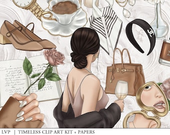Old Money Fashion Girl Clipart: Hand-Drawn PNG Graphics (Digital Download)