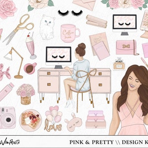Planner girl Clipart, Fashion Illustrations, Fashion Girl Hand Drawn, 36 Pink Individual PNG items, boss babe clip art, celebrate clip art