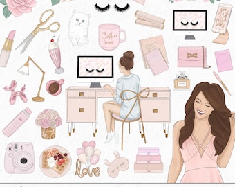 Pink Fashion Girl Clipart: Hand-Drawn PNG Illustrations (Digital Download)