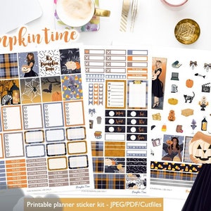 May include: A set of printable planner stickers with a Halloween theme. The stickers feature a variety of designs, including pumpkins, witches, cats, and ghosts. The stickers are perfect for adding a touch of spooky fun to your planner.