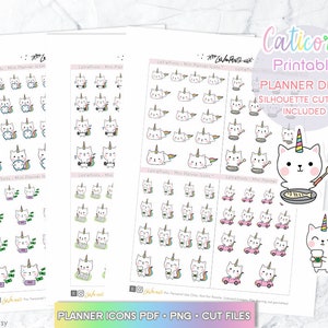 Pegatinas del planificador Caticorn, pegatinas del planificador imprimibles, pegatinas de café, pegatinas del planificador Kawaii, pegatinas del tiempo de cocción, pegatinas de billetes, ECLP