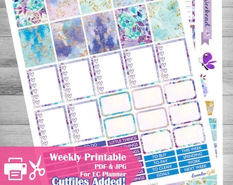 Weekly Printable Planner Stickers, Lavender Planner sticker kit, purple floral stickers, Erin Condren planner stickers Cutfiles, gold marble