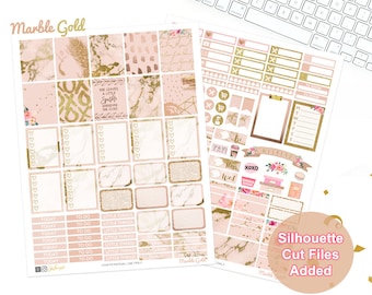 Marble Planner Stickers, Printable, weekly kit, Gold stickers, glam rose, use with Erin Condren, ECLP, glitter, pink, blush, Silhouette cut