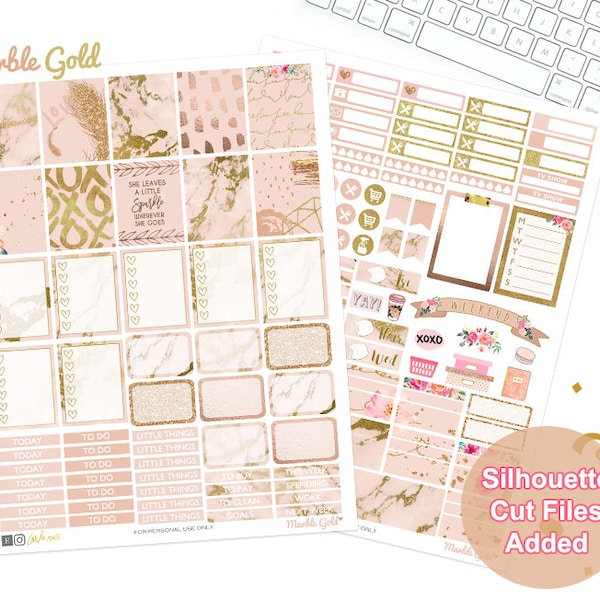 Marble Planner Stickers, Printable, weekly kit, Gold stickers, glam rose, use with Erin Condren, ECLP, glitter, pink, blush, Silhouette cut