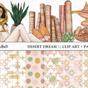Desert Dream Clipart, mode Illustratie, woestijn planner meisje clip art, Hand Drawn clip art, plakboek papieren, Marokkaanse vakantie, cactussen