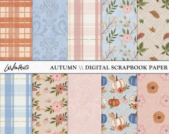 Autumn Digital Scrapbook Paper, Fall hand Drawn, fall fashion Pattern paper, fall planner digital paper, Commercial use, plaid floral leafs