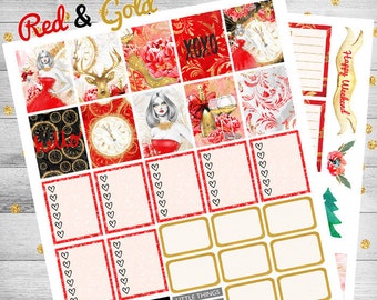 Weihnachtsparty, Ausdruckbare Planer Sticker, Wochenset, Urlaub, Rot gold schwarz, Mode, Glam, Winter, Verwendung mit Erin Condren, Cutfiles