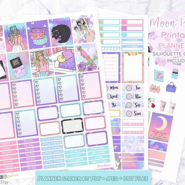 weekly kit Printable planner stickers, Pastel kawaii stickers, Sailor moon planner stickers, Erin Condren Planner weekly Stickers Cutlines