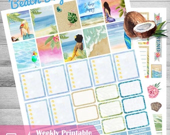 Mermaid stickers, Printable planner stickers, weekly planner kit, Mermaid planner stickers, Beach stickers, Travel, use with Erin Condren