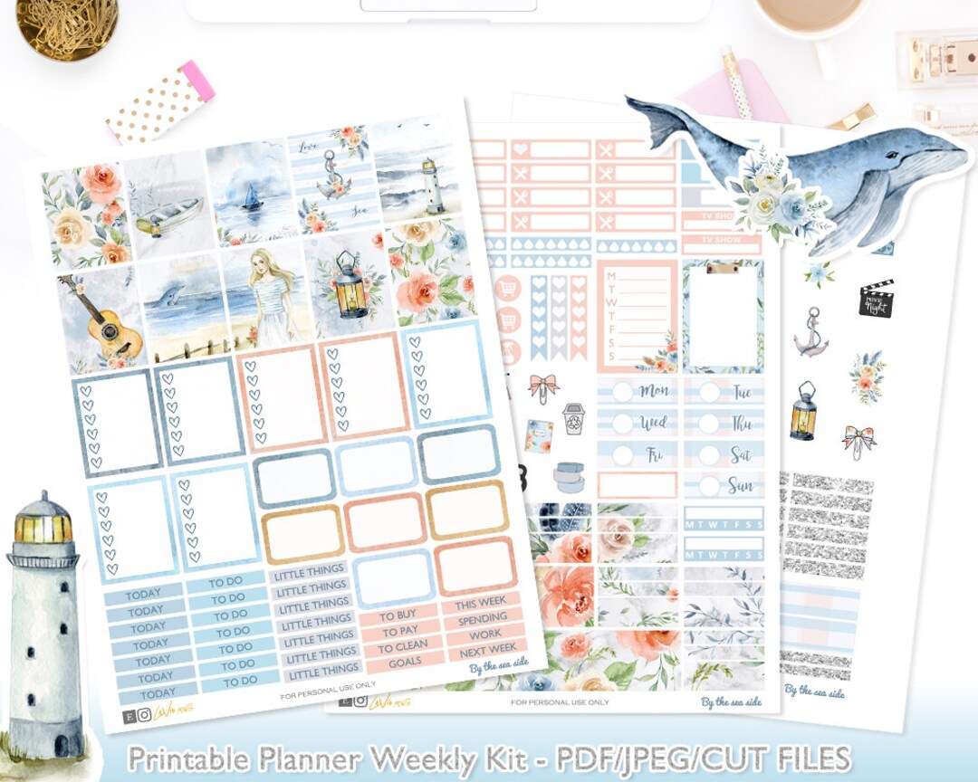 Seaside Weekly Kit Printable Planner Stickers - Floral Weekly Kit Erin ...