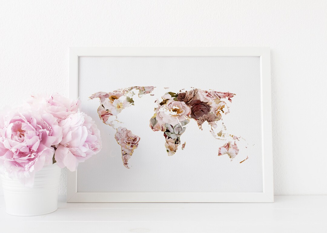 Floral World Map Art Print: Watercolor Travel Map (digital Download) - Etsy