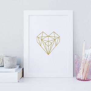 Geometric heart wall art print, scandinavian wall art, gold heart print, glitter print, digital download, home wall art, love art print