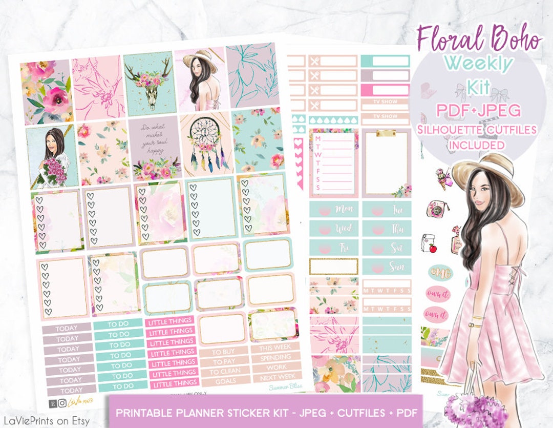 Summer Bliss Planner Stickers: Floral Boho Weekly Kit (PDF, JPEG, Cut ...