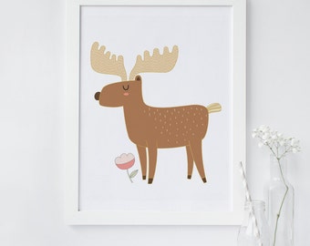 Moose wall art, Moose print, Nursery animal print, woodland animal print, wall art printable, forest animal print, instant download print
