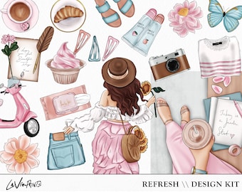 Spring Coffee Clip Art: Fashion Girl Boss Illustrations (Digital Download)