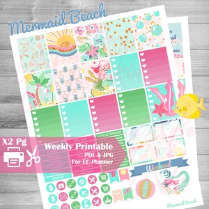 Mermaid Printable Planner Stickers, Beach Planner Stickers, Weekly planner stickers, Instant download, use with Erin Condren Life Planner