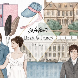 Illustrations clipart Orgueils et préjugés, clipart Darcy et Elizabeth Pemberley, art romantique Jane Austen Regency, clipart aquarelle