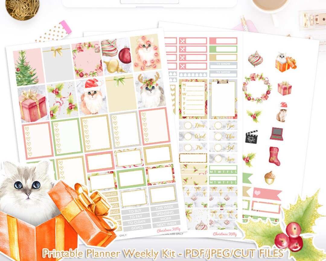Christmas Kitty Planner Stickers: Watercolor Weekly Kit (pdf/jpeg/cut ...