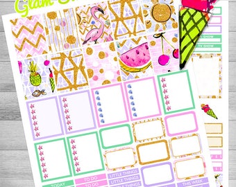 Druckbare wöchentliche Kit Planner Aufkleber, Flamingo Aufkleber Kit Verwendung mit Erin Condren Eis Sommer Kit Ananas Obst Aufkleber