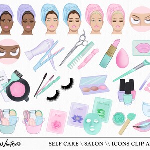 May include: A set of colorful digital illustrations of beauty and spa items, including a hair dryer, curling iron, scissors, combs, nail polish, face masks, and more. The illustrations are perfect for creating digital products, such as social media graphics, website designs, and printable art.