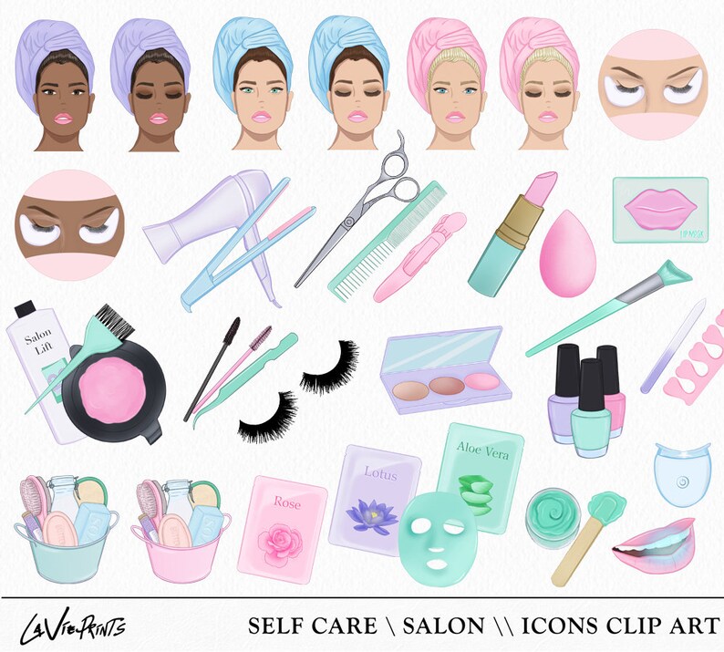 May include: A set of colorful digital illustrations of beauty and spa items, including a hair dryer, curling iron, scissors, combs, nail polish, face masks, and more. The illustrations are perfect for creating digital products, such as social media graphics, website designs, and printable art.