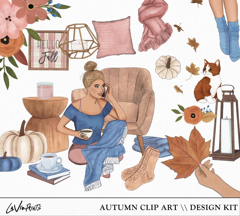 May include: A digital illustration clip art set featuring autumn themed elements. The set includes a woman sitting in a chair, a cat, a pumpkin, a candle, a lantern, a leaf, a scarf, a throw blanket, a mug, a book, a sign that says "Hello Fall", and a pair of socks.