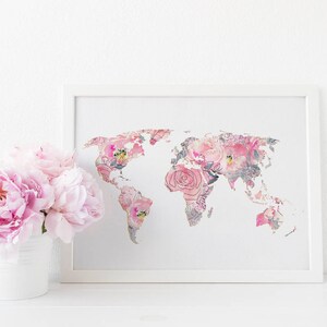 Weltkarte Kunstdruck, Druckbare Karte Druck, Aquarell Weltkarte Druck, Florale Weltkarte Wandkunst, Pastell Weltkarte, Büro Kunst Dekor, Kinderzimmer