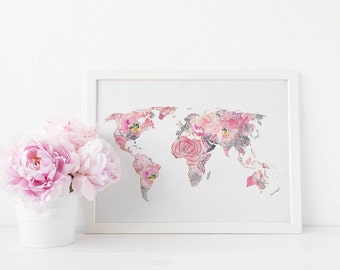 World Map Print - Map Wall Art - Floral Map Art - Nursery Decor - Dorm ...