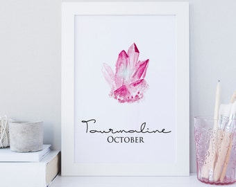 Pink tourmaline print, october birthstone print, birthstone wall art, October printable, pink gem print, pink crystal, geometric printable