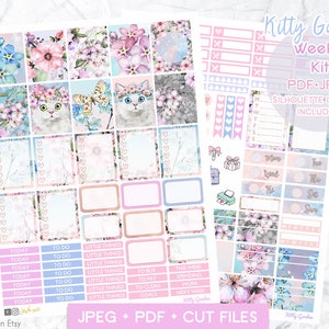 Słodki kotek Zestaw naklejek do wydrukowania w tygodniowy planer, naklejki Erin Condren Cat, kawaii naklejki z kotami, naklejki do planera z kotami, naklejki z pastelowymi kotami