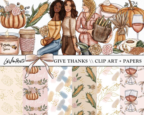 Thanksgiving Clipart: Autumn Fashion Girls, Gold Floral PNG (Digital Download)