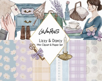 May include: A watercolour illustration of a vintage-themed clipart and paper set. It includes a blue dresser, brown boots, a key with a purple bow, a woman, and patterned papers. The text "Lizzy & Darcy Mini Clipart & Paper Set" is also visible.