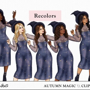May include: Four women dressed as witches in blue and gold star patterned dresses and black witch hats. The text "Recolors" is in a pink box above the women. The text "AUTUMN MAGIC // CLIP ART" is below the women.
