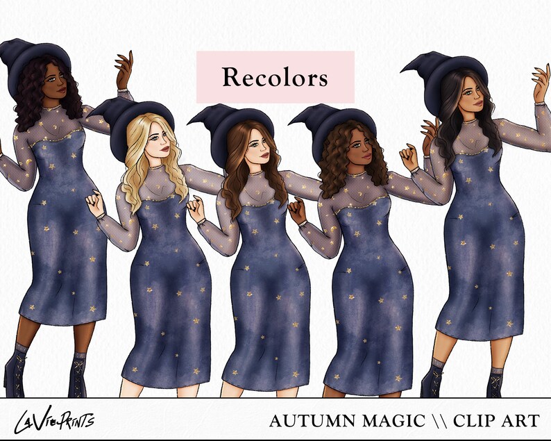 May include: Four women dressed as witches in blue and gold star patterned dresses and black witch hats. The text "Recolors" is in a pink box above the women. The text "AUTUMN MAGIC // CLIP ART" is below the women.