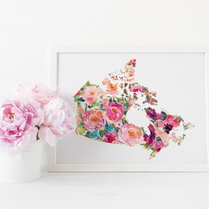 Impression de carte du Canada, Art mural de la carte canadienne, Impression d’art chic, Carte canadienne imprimable, Impression de carte à l’aquarelle, Art de carte florale, Impression d’art de ferme