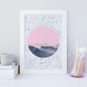 Mountain Print, Minimalist print, Pink Clouds Printable wall art, Marble Art print, Orb Art Print, Nordic wall art, Office decor, nursery