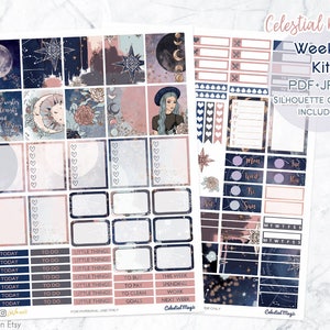 May include: A weekly planner sticker kit with a celestial theme. The stickers feature a dark blue and pink color scheme with stars, moons, and celestial bodies. The kit includes a variety of stickers for planning, including daily, weekly, and monthly stickers. The kit also includes a variety of decorative stickers, such as stars, moons, and celestial bodies.
